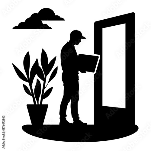 Silhouette of courier delivering package to front door, home delivery service and convenience in logistics