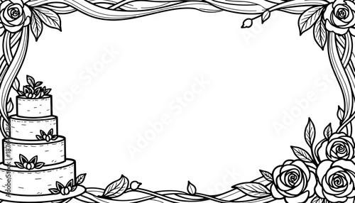 Wedding frame with cake illustration on white background, kids coloring and floral design in hand-drawn style