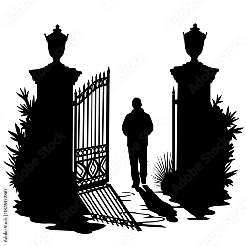 Silhouette of person entering gated pathway, security and privacy in secluded entrance