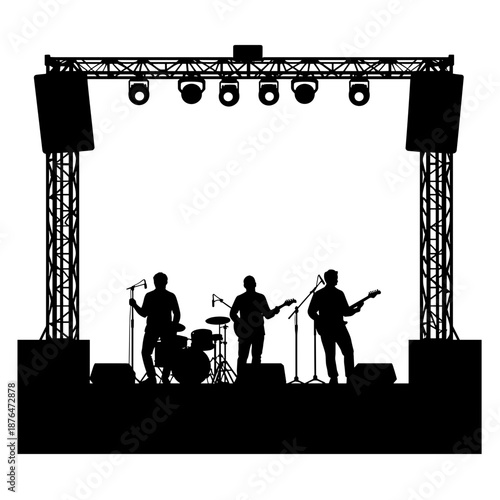 Silhouette of band performing on stage with lighting rig, live music performance and concert event setup
