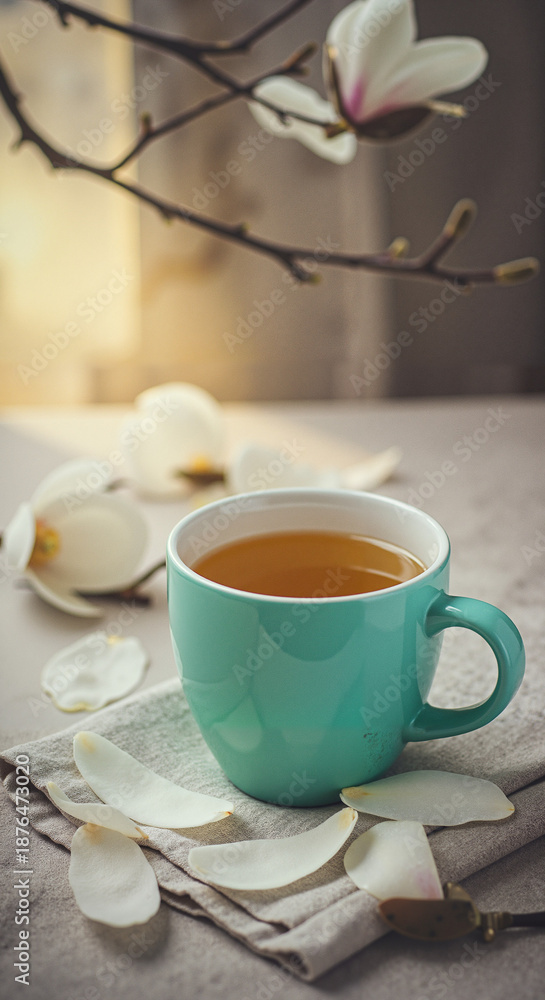 Fototapeta premium Tea cup with hot beverage placed on table surrounded by blossoms 