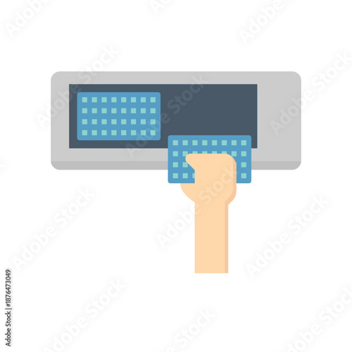 Air Conditioner Filter Change: A simplified illustration shows a hand skillfully replacing an air conditioner filter, crucial for maintaining air quality and ensuring optimal system performance.