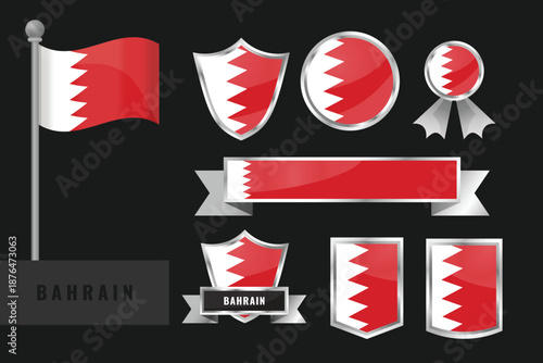 Bahrain flag set. Collection of Bahrain  national emblems. Flat design of flags collection