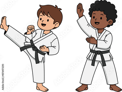 Cute kids practicing karate martial arts, cartoon boys in gi uniforms, children self defense training illustration, education sport activity concept