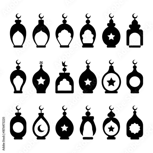 Lanterns of Islamic Style: A collection of meticulously crafted, black Islamic lanterns, their silhouettes capturing the essence of cultural artistry and religious symbolism. 