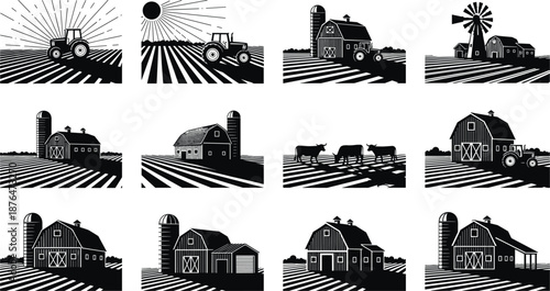 Farm silhouettes collection, agriculture rural landscape scenes, barns tractors cattle fields, countryside farming illustration, black vector isolated white background