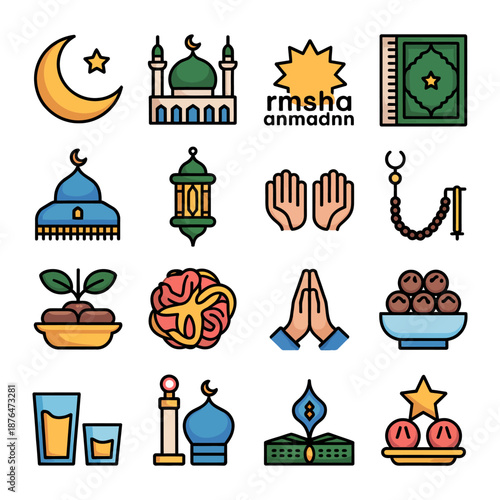 Ramadan Icon Set: A collection of meticulously crafted icons embodying the spiritual essence of Ramadan, each element reflecting the rich traditions and values of this significant Islamic observance.