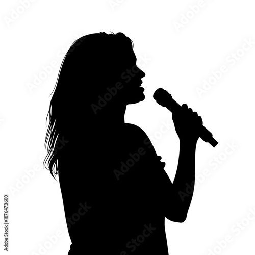 Silhouette of female vocalist with hand on heart singing into microphone, concert performance and emotional expression in music venue