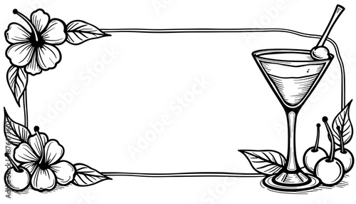 Cocktail frame with cherry on top, fun drawing and kids coloring book activity