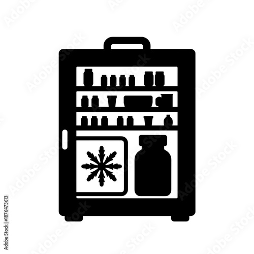 Silhouette of cooling chamber with medicine shelves and snowflake icon, pharmaceutical storage and temperature control