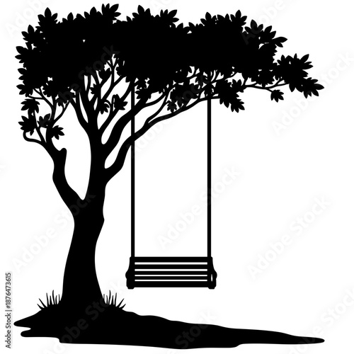 Silhouette of swing hanging from tree at empty beachfront, relaxation and leisure in serene nature setting
