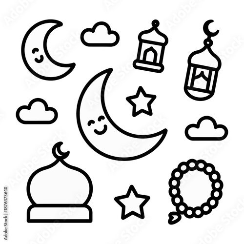Lunar Reverie: A collection of celestial elements, featuring crescent moons, stars, lanterns, and a mosque, harmoniously arranged to celebrate the spirit of the occasion. 
