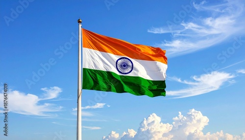 Indian flag waving on flagpole against bright blue sky with clouds, national symbol with Ashoka Chakra