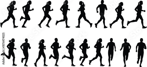 Male and female running silhouettes set isolated on white background joggers fitness training motion vector illustration collection