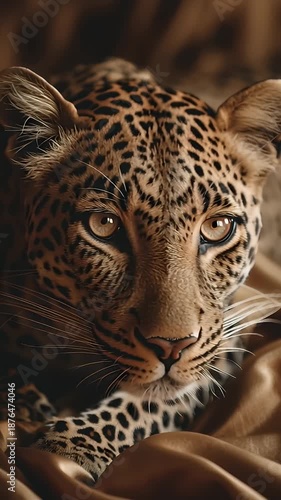 Close-up portrait of an intense leopard resting on golden silk