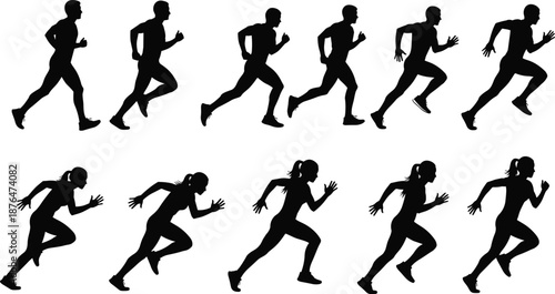 Male and female sprint running silhouettes set isolated on white background speed power motion fitness training vector illustration