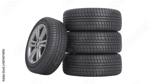 Four black car tires isolated on transparent background for automotive or transportation use