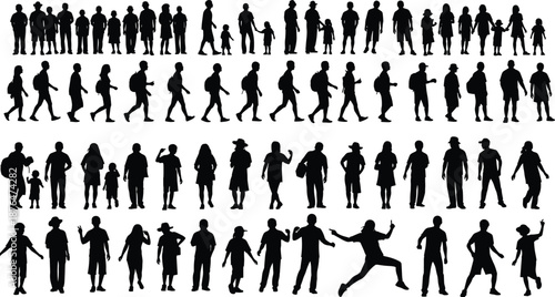 People silhouettes set, men women children walking standing poses, crowd human figures collection, black silhouette illustration