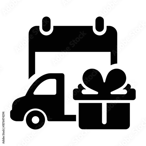 Silhouette of calendar with delivery truck and gift box, recurring service and monthly surprise concept