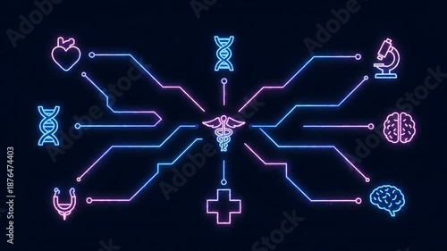 Medical symbols connected to a central staff of Asclepius.