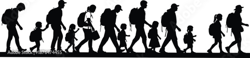 Refugees silhouettes walking line, migrant family journey concept, people with backpacks, migration crisis illustration, black figures isolated white background