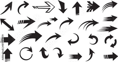 Collection of various black arrows on white background