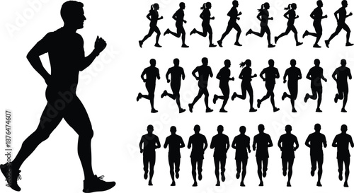 Running people silhouettes set isolated on white background male and female joggers fitness training motion vector illustration collection
