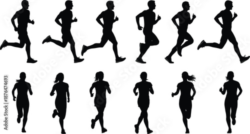 Running people silhouettes set, jogging men women collection, runner motion poses, fitness exercise illustration, black athletes isolated white background