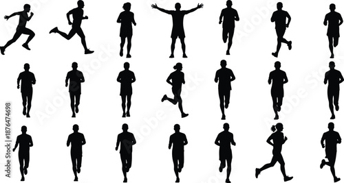 Running men silhouettes set isolated on white background male joggers fitness training motion sport vector illustration collection