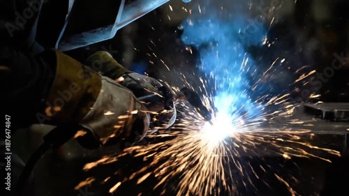 Industrial metal welding with sparks in dark workshop environment
