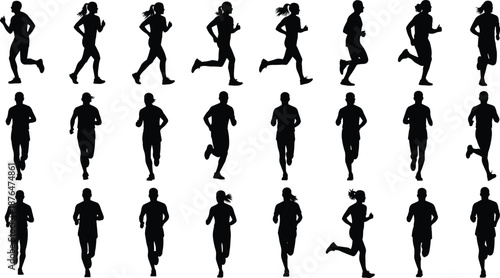 Running people silhouettes set, male and female joggers, fitness training concept, black runner poses, isolated motion illustration