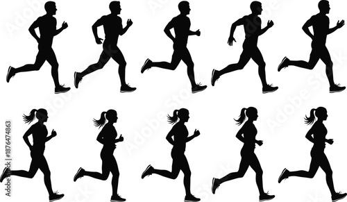 Running people silhouettes set, male and female runners motion sequence, fitness jogging exercise, black silhouette vector illustration
