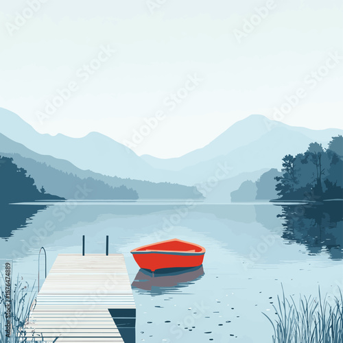 Serene lake scene with boat and dock , vector style simple color