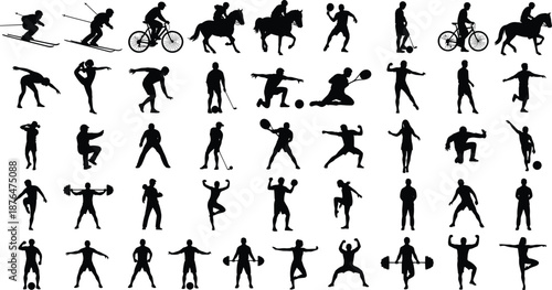 Sports activity silhouettes collection isolated on white background athletes performing various disciplines motion fitness competition vector illustration set