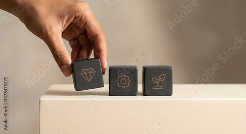 Selecting a diamond cube to represent quality, innovation, and sustainable growth strategies