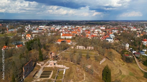 Viljandi, Estonia – April 11, 2023: Drone footage shows the town of Viljandi with its lake and surrounding landscape.