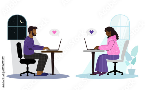 Flat vector illustration of man and woman communicating online on laptops. Long distance relationship, digital love, messaging apps, social media lifestyle