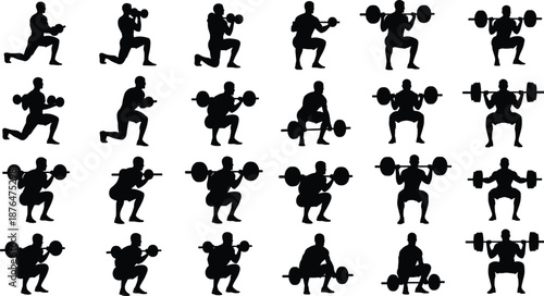 Weightlifting squat silhouettes, barbell strength training poses, gym workout exercises, fitness bodybuilding icon illustration set