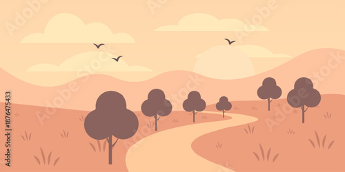 Hill path illustration. Foreground trail leading upward. Tree silhouettes along the path. Sun behind the hill. Open peaceful outdoor scene.