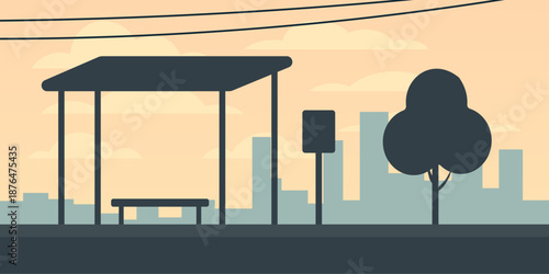 Bus stop platform silhouette illustration. Simple shelter roof span. Timetable sign pole detail. Nearby tree shape. Calm everyday transit scene.