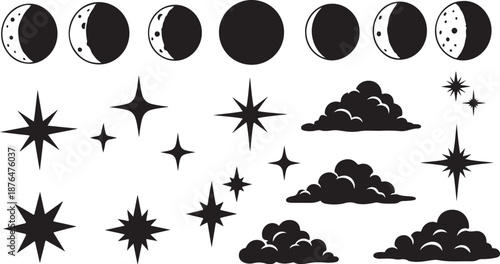 Black and white celestial icons of moon phases stars