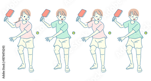 ピックルボールを楽しむ男女のイラストセット