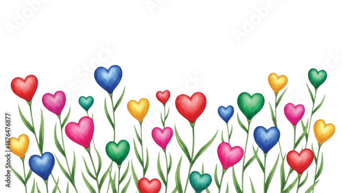 Colorful Heart Flower Garden Watercolor Illustration Romantic Love Background Isolated