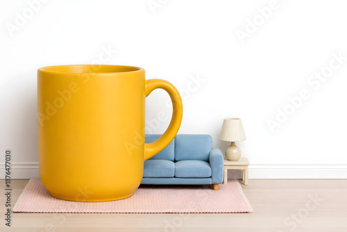 Huge yellow ceramic coffee mug placed in tiny living room, Surreal Silliness