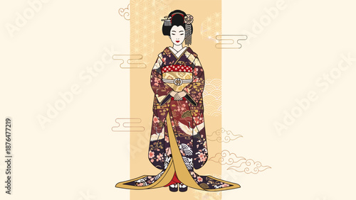 Full-length portrait of a Japanese woman in an ornate traditional kimono, perfect for cultural exhibitions and art projects