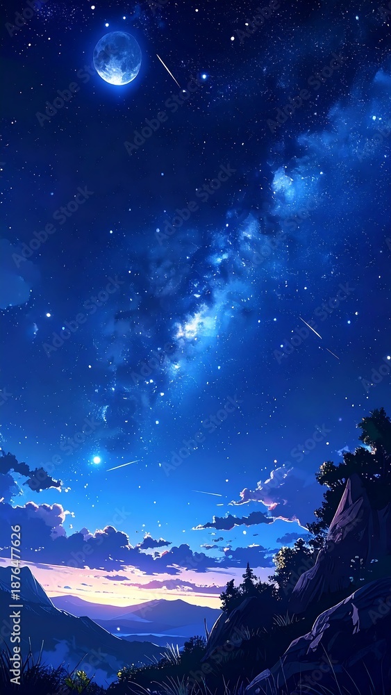 Fototapeta premium Night landscape with a luminous moon and twinkling stars over mountains and clouds