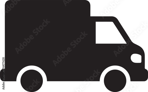 Black delivery truck icon or cargo van symbol for logistics and transport service