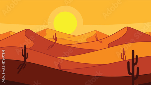 Desert Landscape with Cacti and Sunset.