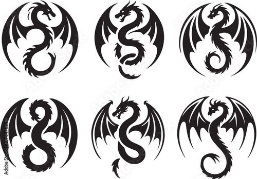 vector illustration, set of round tribal dragon tattoo designs, black and white graphics