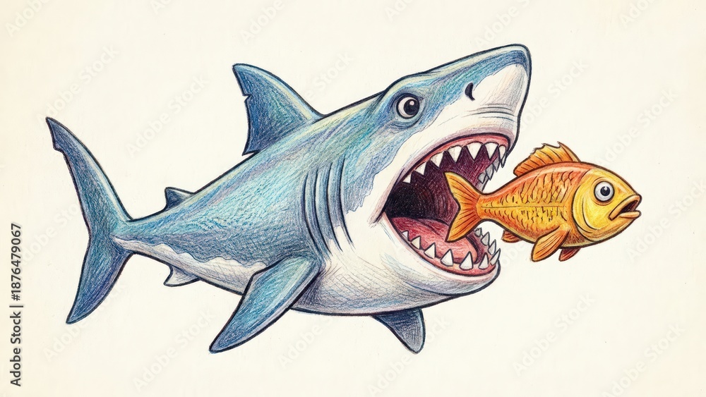 Obraz premium Illustration of a fierce shark with an open mouth, capturing a small goldfish, showcasing the predator-prey relationship in a vibrant underwater scene